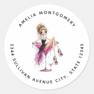 Cute Flirty Girl in a Martini Glass - Address Classic Round Sticker