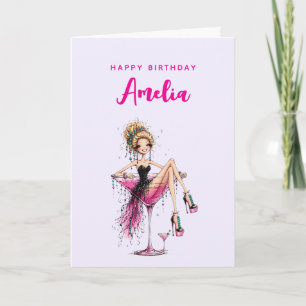 Cute Flirty Girl in a Martini Glass Birthday Card