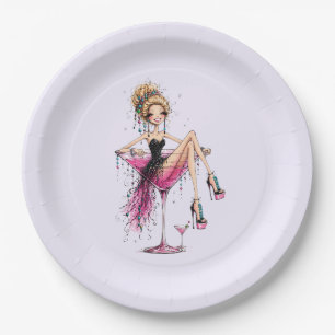 Cute Flirty Girl in a Martini Glass Paper Plate