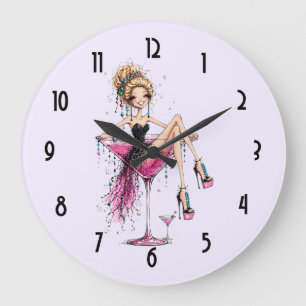 Cute Flirty Lady in a Martini Glass Large Clock