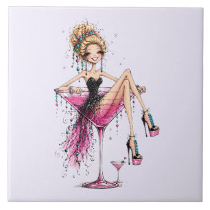 Cute Flirty Lady in a Martini Glass Tile