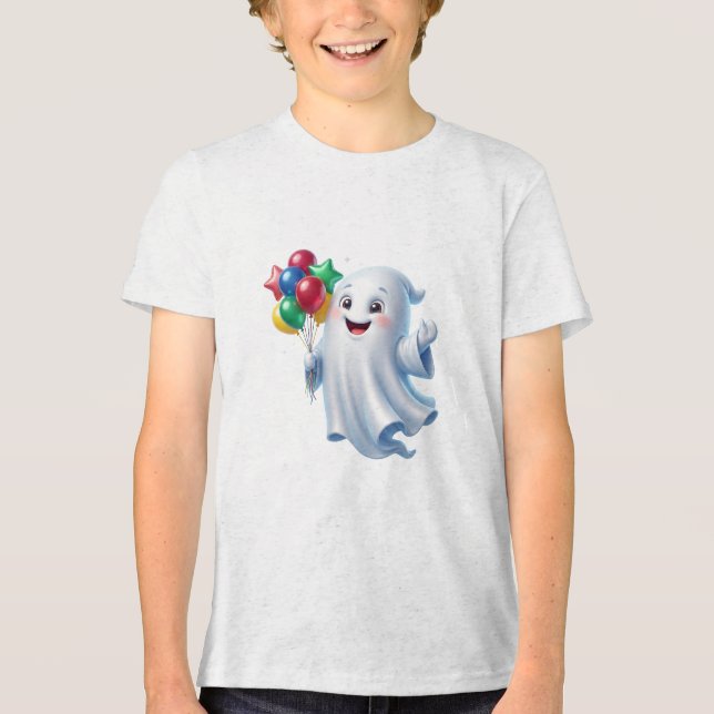 Cute Floating Ghost with Balloons Halloween Tri-Blend Shirt (Front)