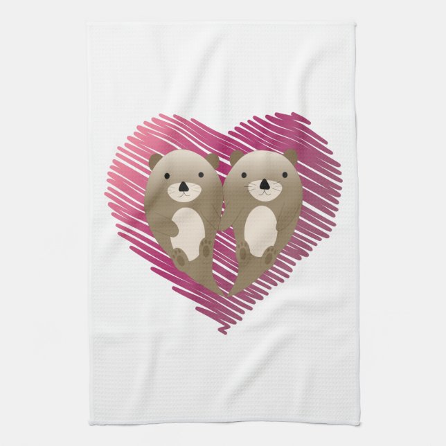 Cute Floating Otters in Love Tea Towel (Vertical)
