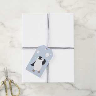Cute Floating Penguin and Balloon in Snow Gift Tags