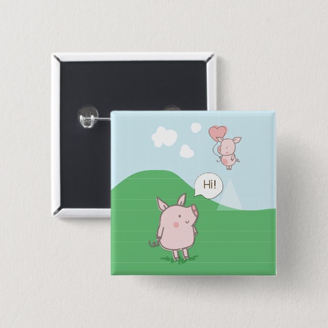 Cute Floating Pig Saying Hi 15 Cm Square Badge (Front & Back)