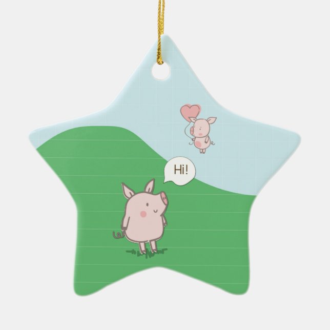 Cute Floating Pig Saying Hi Ceramic Tree Decoration (Front)