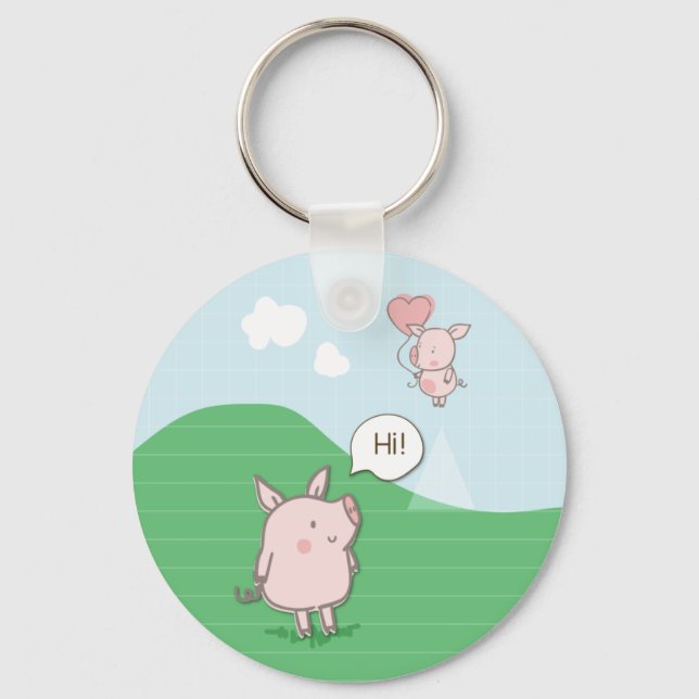 Cute Floating Pig Saying Hi Key Ring (Front)