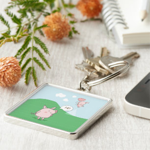 Cute Floating Pig Saying Hi Key Ring