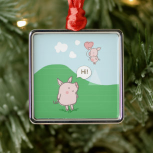 Cute Floating Pig Saying Hi Metal Tree Decoration