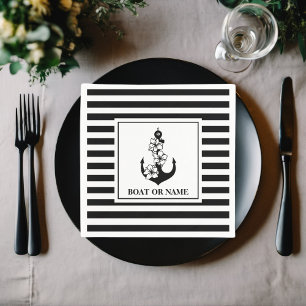 Cute Floral Anchor Custom Boat Or Name Black White Napkin