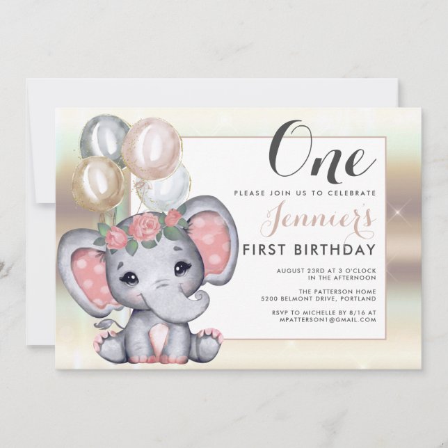 Cute Floral Baby Elephant With Balloons Invitation (Front)