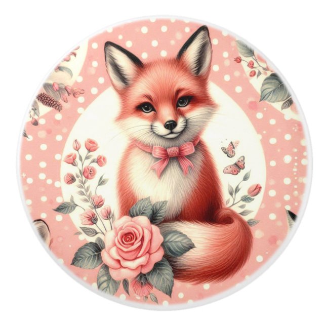 Cute Floral Baby Fox Ceramic Knob (Front)