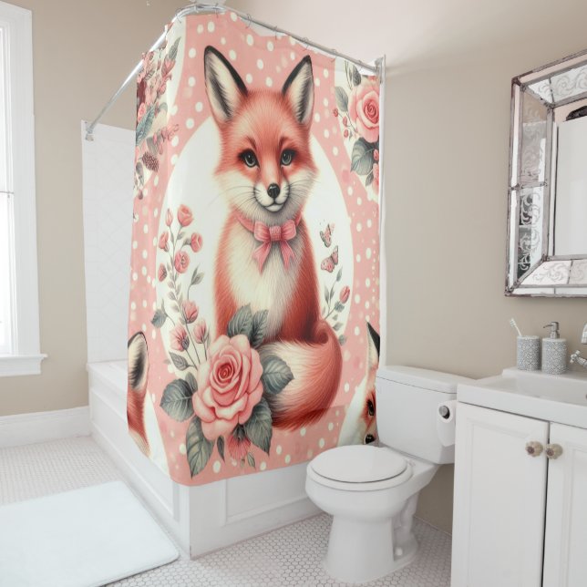 Cute Floral Baby Fox Shower Curtain (In Situ)