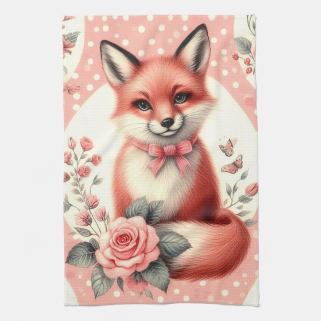 Cute Floral Baby Fox Tea Towel (Vertical)
