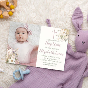 Cute Floral Baby Girl Baptism Photo Invitation