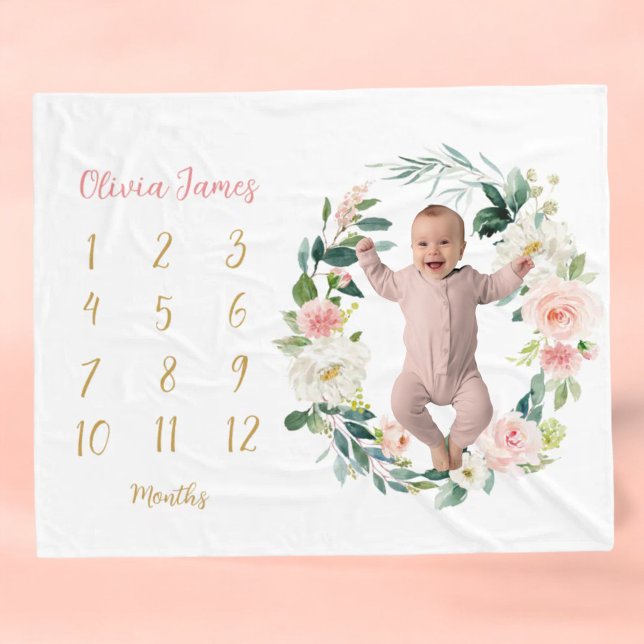 Cute Floral Baby Girl Milestone Monthly Baby Fleece Blanket (Creator Uploaded)