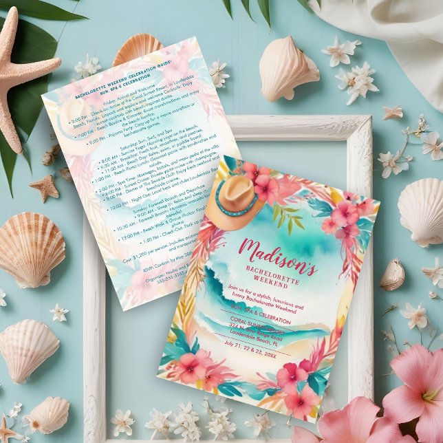Cute Floral Beach Cowgirl Hat Coastal Bachelorette Invitation (Cute Floral Beach & Cowgirl Hat Coastal Bachelorette Invitations Cards in Turquoise & Pink. )