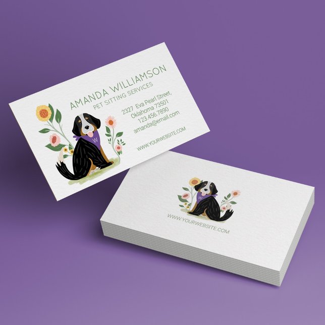 Cute Floral Bernese Mountain Dog Pet Care Services Business Card (Creator Uploaded)