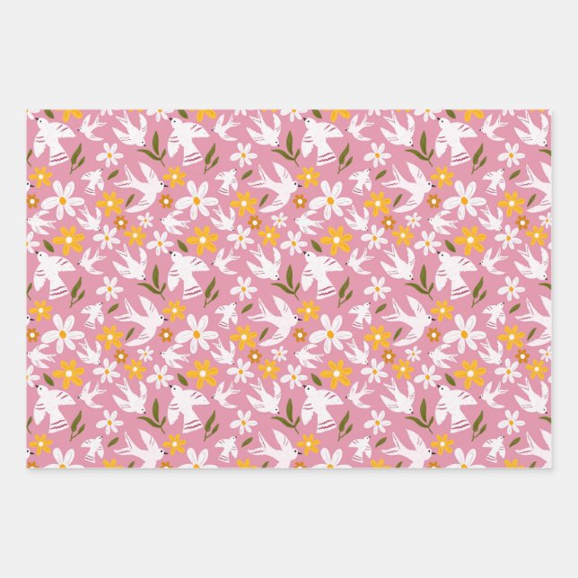 Cute Floral Bird Seamless Pattern Wrapping Paper Sheet (Front)