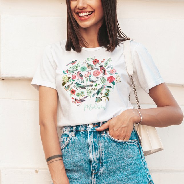 Cute Floral Birds Botanical Pattern T-Shirt (Cute Floral Birds Botanical Pattern T-Shirt)