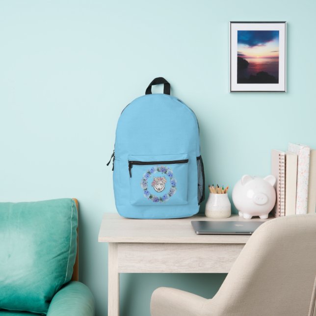 Cute Floral Blue Hydrangea Wolf Backpack Blue (Insitu)