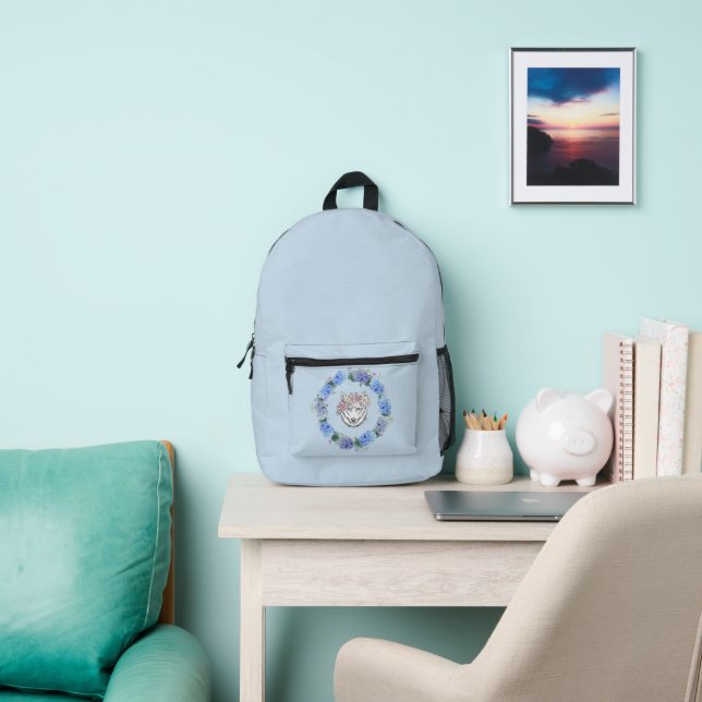 Cute Floral Blue Hydrangea Wolf Backpack Lt. Blue (Insitu)