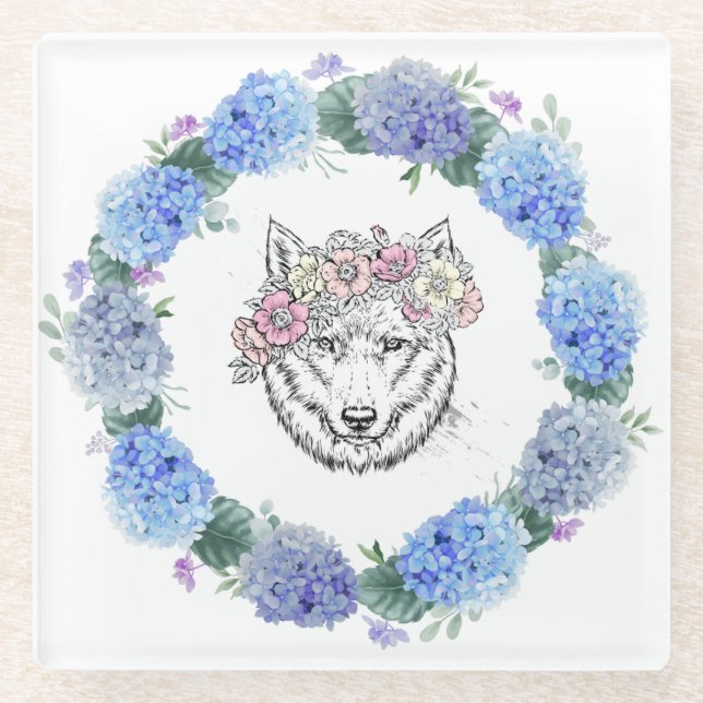 Cute Floral Blue Hydrangea Wolf Glass Coaster (Front)