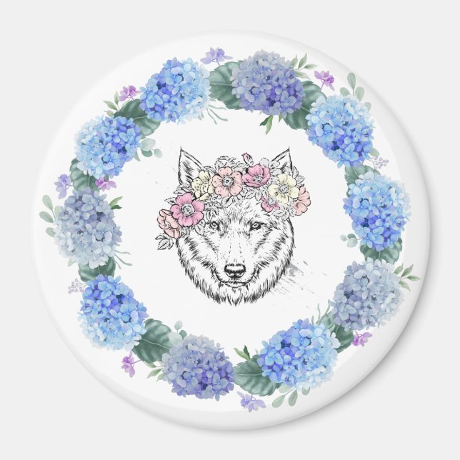Cute Floral Blue Hydrangea Wolf Magnet (Front)