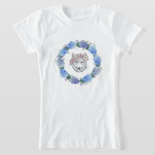 Cute Floral Blue Hydrangea Wolf  T-Shirt