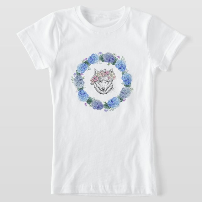 Cute Floral Blue Hydrangea Wolf  T-Shirt (Laydown)