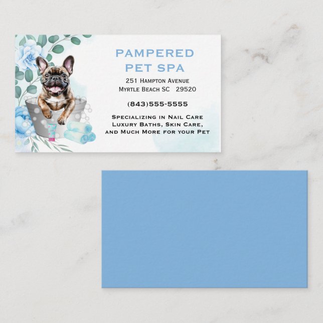 Cute Floral Blue Pet Groomer Spa  Business Card (Front/Back)