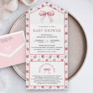 Cute Floral Blush Pink Coquette Bow Baby Shower All In One Invitation