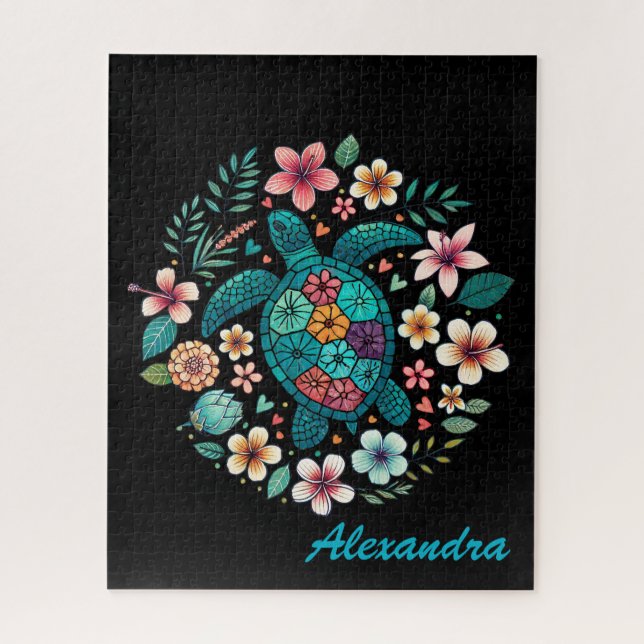  Cute Floral Boho Sea Turtle Custom Name  Jigsaw Puzzle (Vertical)