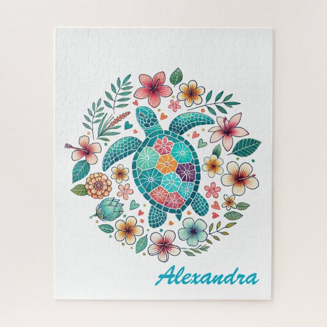  Cute Floral Boho Sea Turtle Custom Name  Jigsaw Puzzle (Vertical)