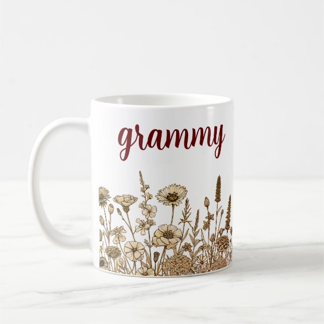 Cute Floral Browns Design Grammy Typography Coffee Mug (Left)