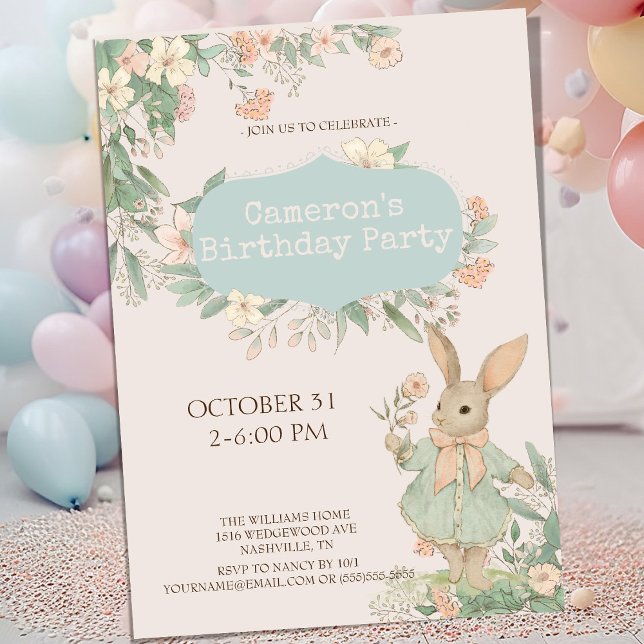 Cute Floral Bunny Birthday Invitation (Creator Uploaded)