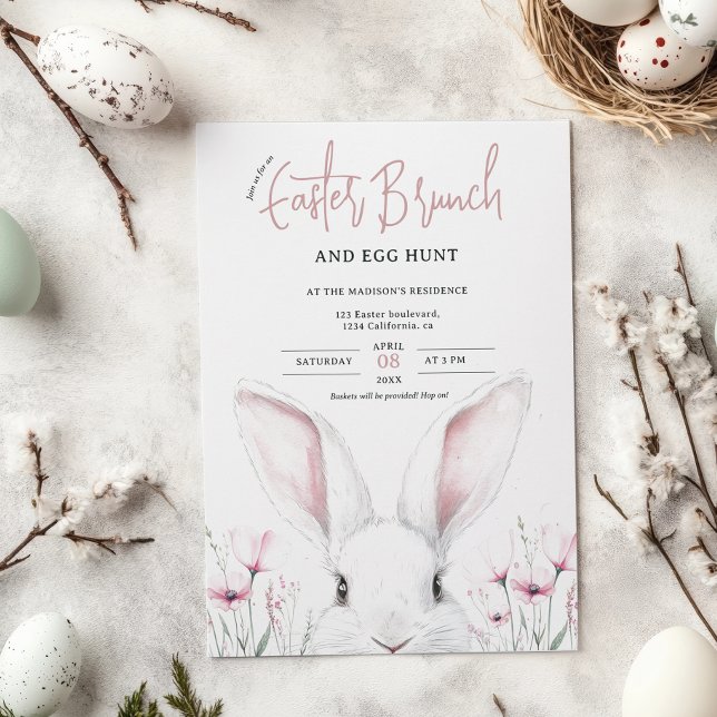 Cute Floral Bunny Easter Brunch and Egg Hunt Invitation (Cute Floral Bunny Easter Brunch and Egg Hunt Invitation)