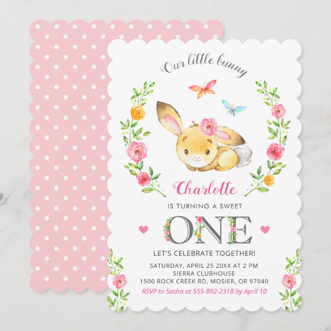 Cute Floral Bunny Girl 1st First Birthday Party Invitation (Front/Back)