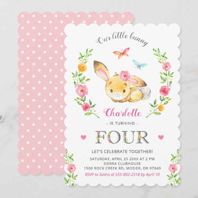 Cute Floral Bunny Girl 4th Fourth 4 Birthday Party Invitation (Front/Back)