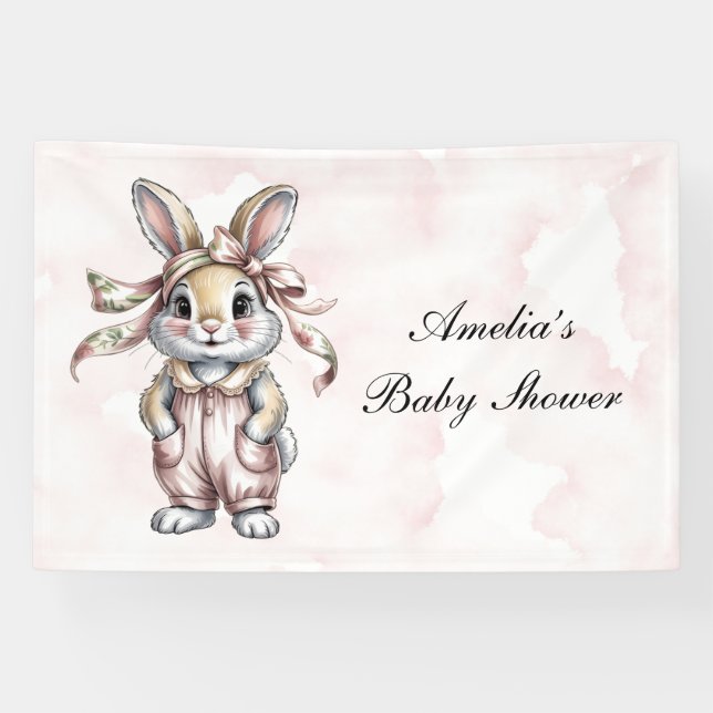 Cute Floral Bunny Girl Baby Shower Banner (Horizontal)