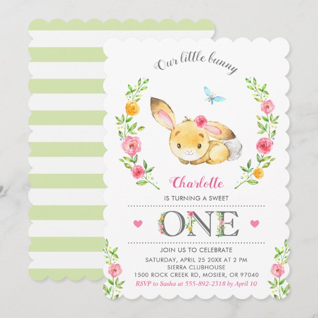 Cute Floral Bunny Girls 1st First Birthday Party Invitation (Front/Back)