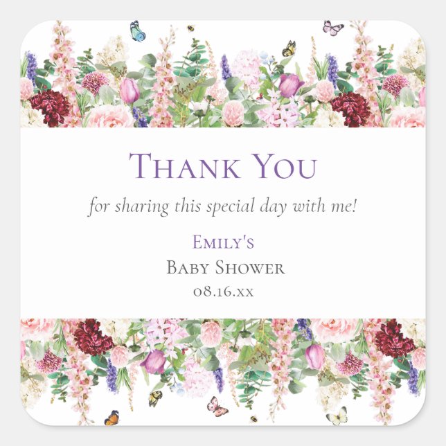 Cute Floral & Butterflies Thank You Baby Shower Square Sticker (Front)