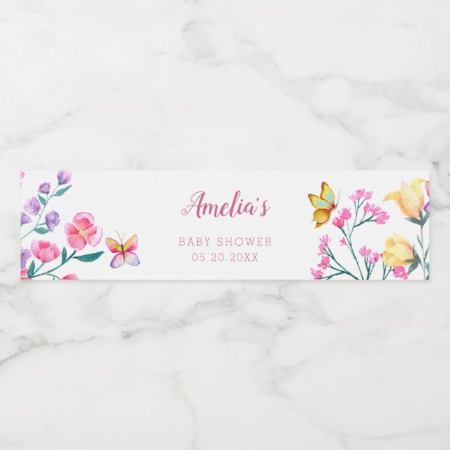 Cute Floral Butterfly Garden Baby Shower Water Bottle Label (Single Label)
