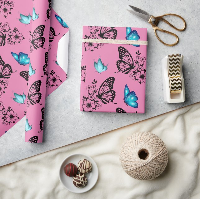 Cute Floral Butterfly Pattern Pink Wrapping Paper (Crafts)