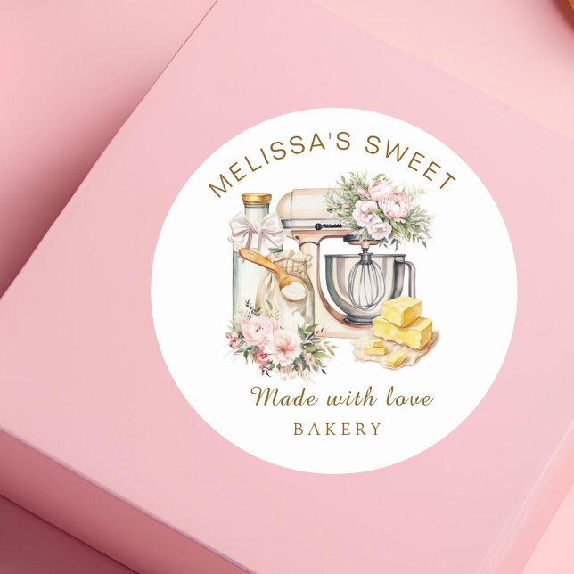 Cute Floral Cake Mixer Ingredients Bakery Classic Round Sticker (Creator Uploaded)
