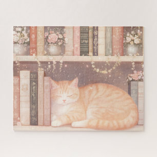Cute Floral Cat and Books Jigsaw Puzzle
