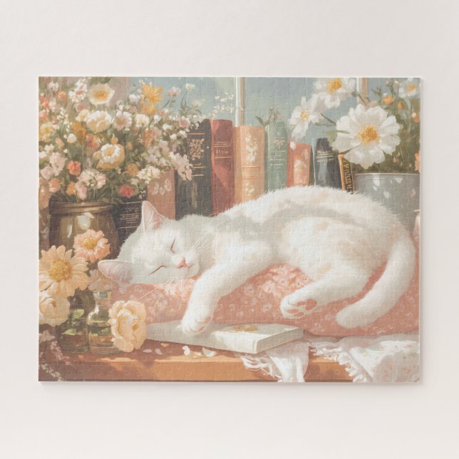 Cute Floral Cat and Books Jigsaw Puzzle (Horizontal)