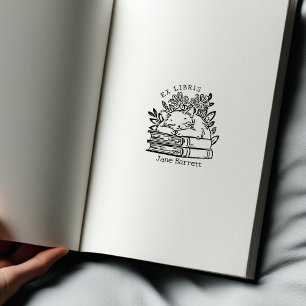 Cute Floral Cat Bookplate Rubber Stamp