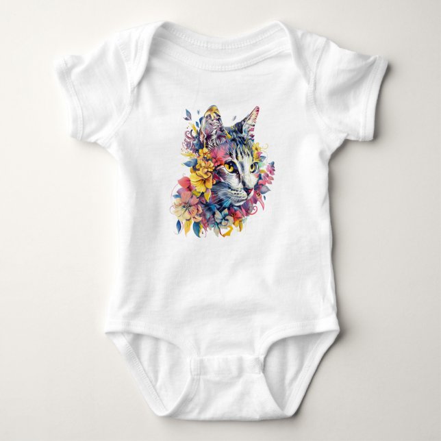 Cute Floral Cat Face Design Baby Bodysuit (Front)