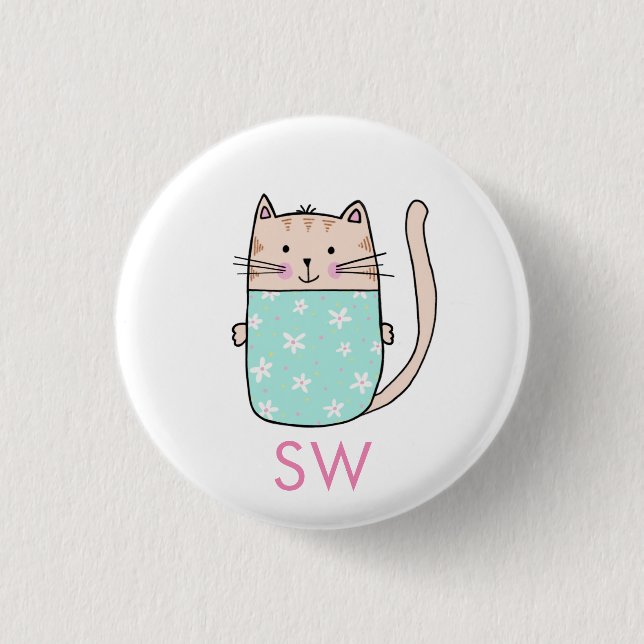 Cute Floral Cat Initials Monogram 3 Cm Round Badge (Front)